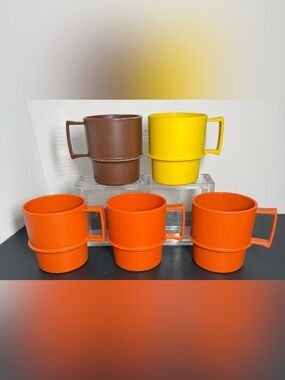 Vintage Tupperware Yellow, Brown, & Orange Stackable Plastic Coffee Mugs